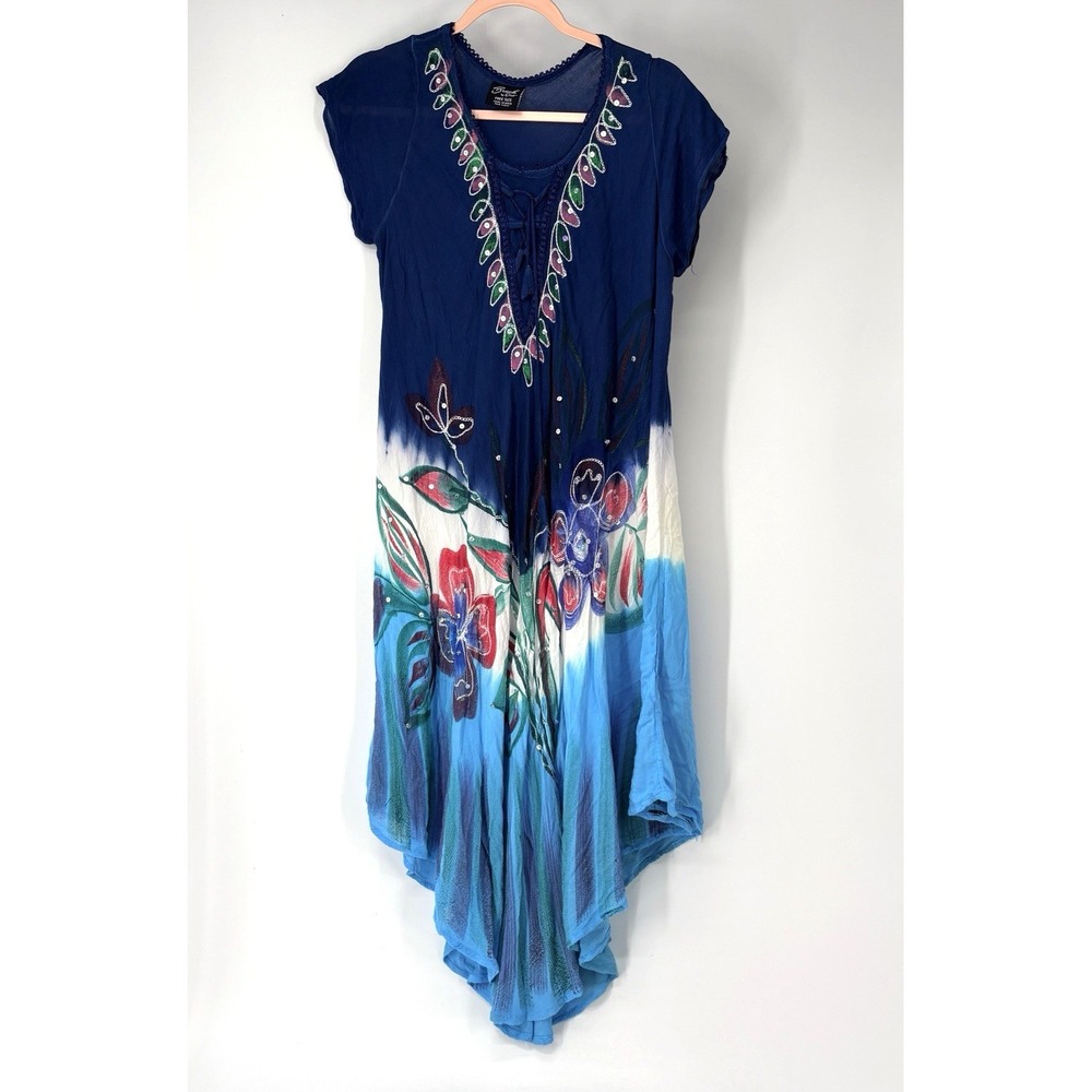 Beach by Exist Swim Cover up Blue Embroidered Flowy Beach Resort Wearable Art